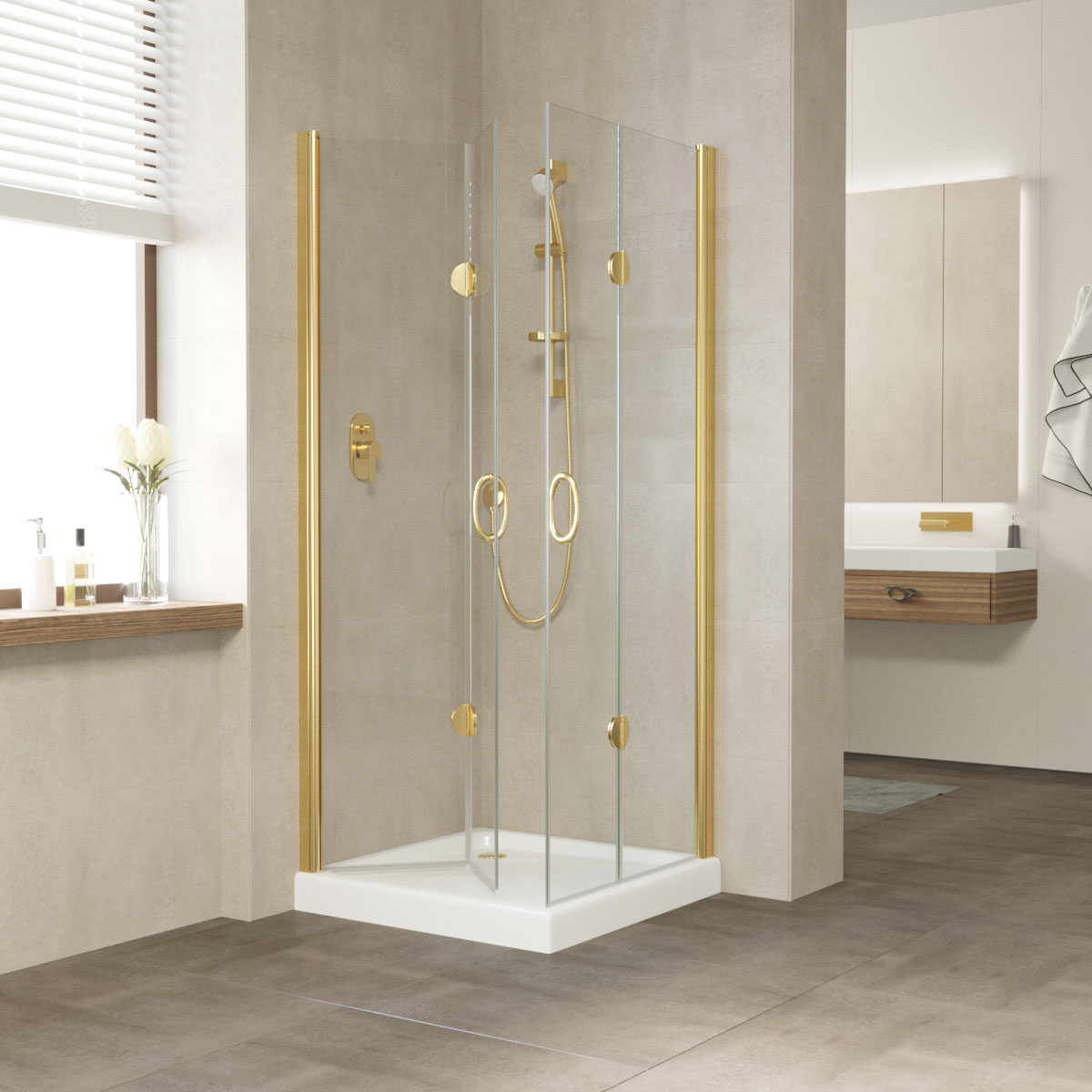 Душевой уголок Vegas Glass 2GPS LUX 80х80х200 золото/стекло прозрачное