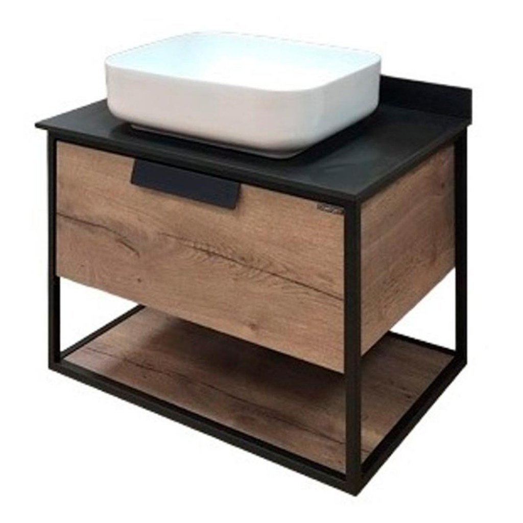 Тумба с раковиной Comforty Кёльн-75 дуб темный с черной столешницей